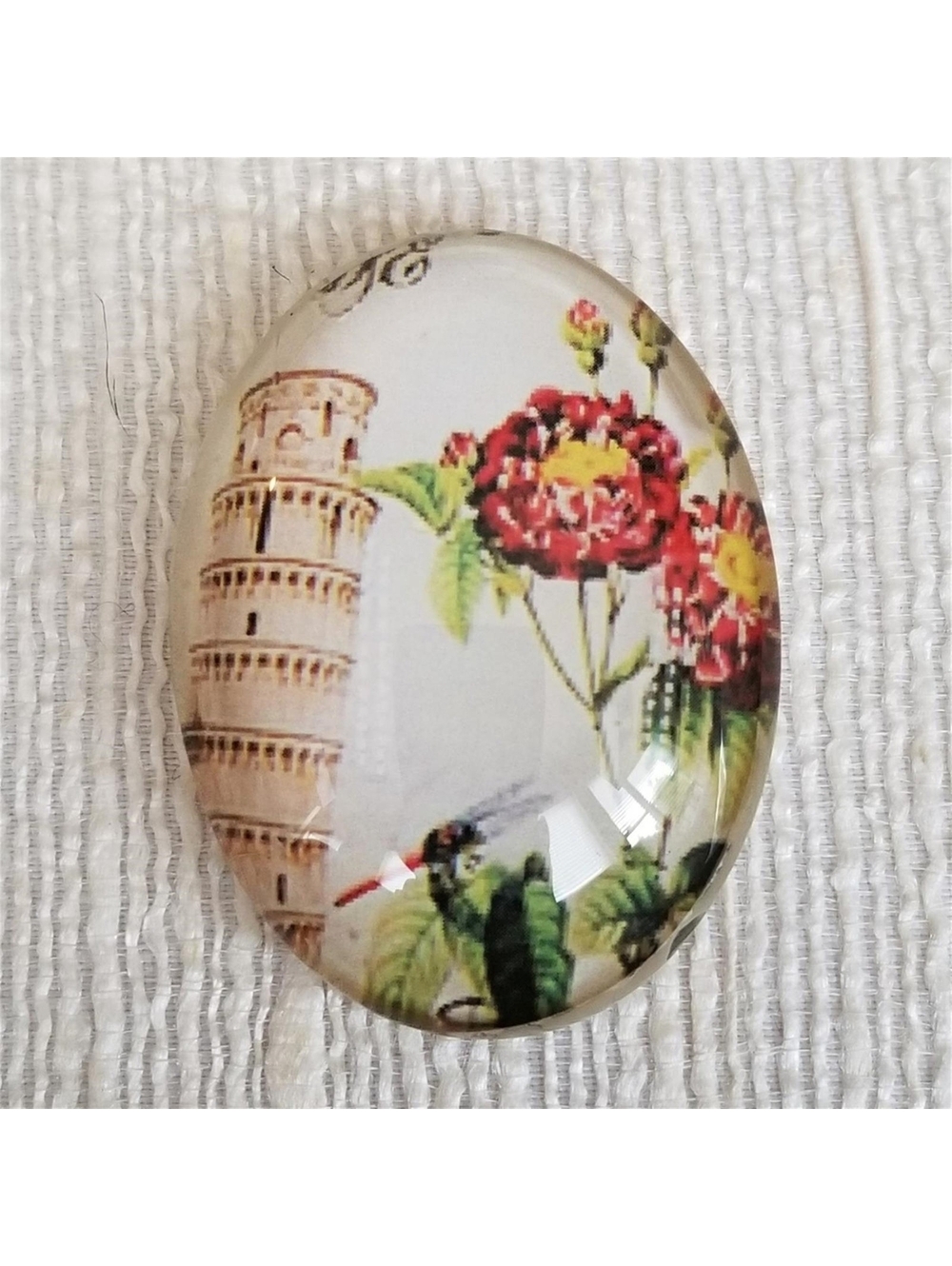 Vintage Style Tower of Pisa Italy Flowers Travel Glass Oval Cabochon 40x30mm